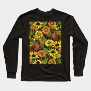 Wrens and flowers on green Long Sleeve T-Shirt